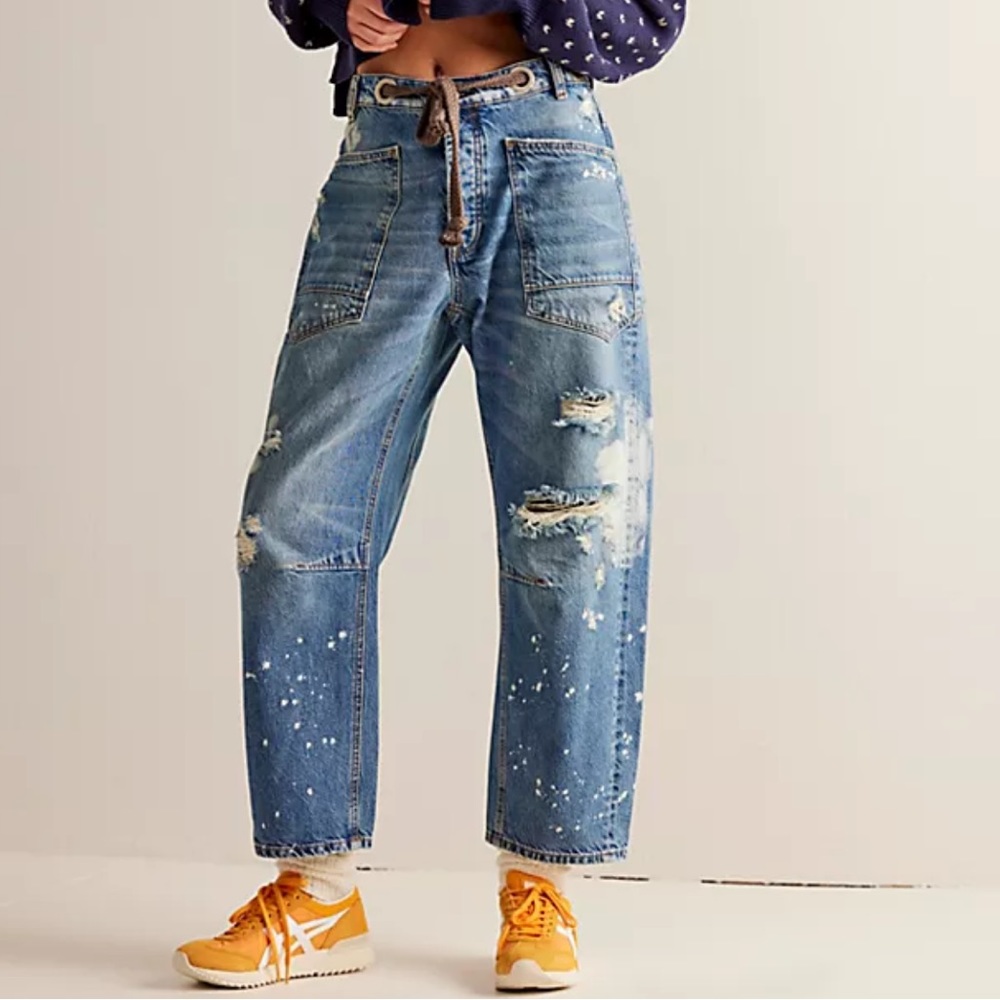 NWT Free People Moxie Pull-On Barrel Jeans Ripped Distressed Drawstring 28 Pull - Picture 6 of 13